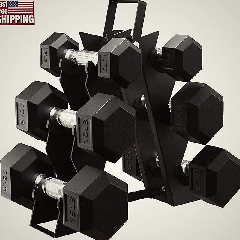 Rubber Coated Hex Dumbbells Set Ergonomic Handles Space Saving A-Frame Rack New