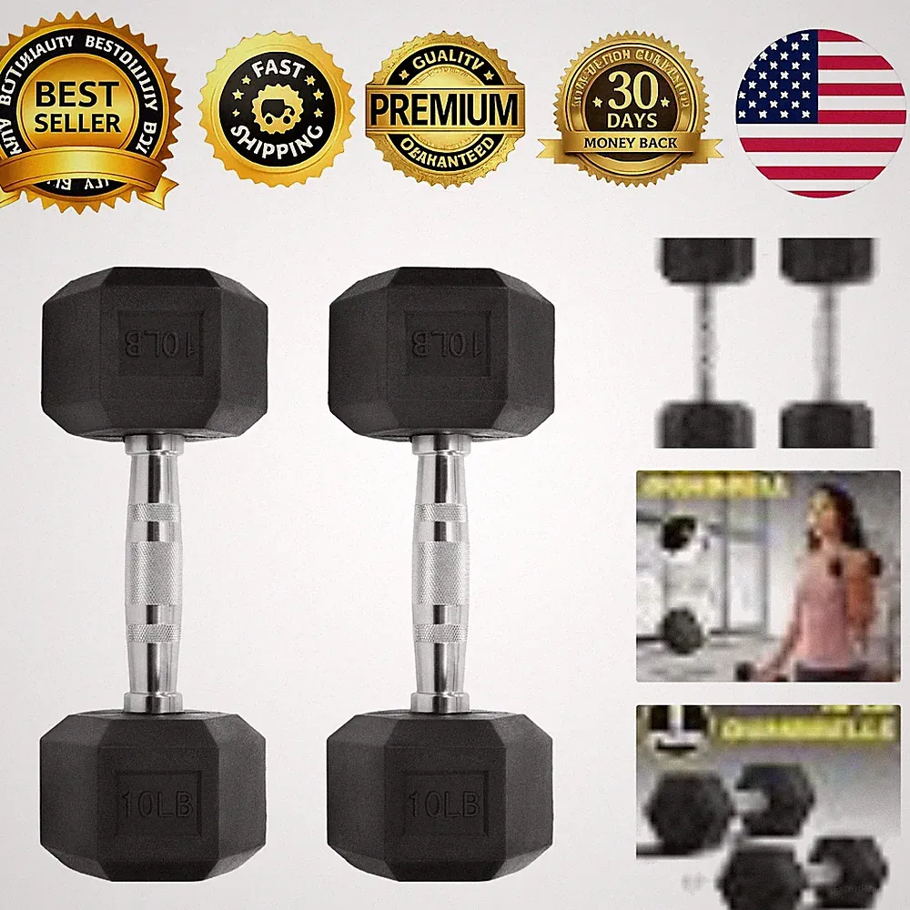 Rubber Coated Hex Dumbbells Set of 2 Non-Slip Ergonomic Handles Anti-Roll