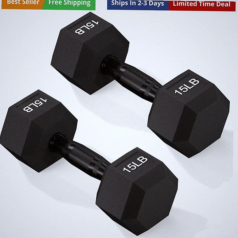 Rubber Encased Exercise & Fitness Hex Dumbbell, Hand Weights with Anti-Slip M...