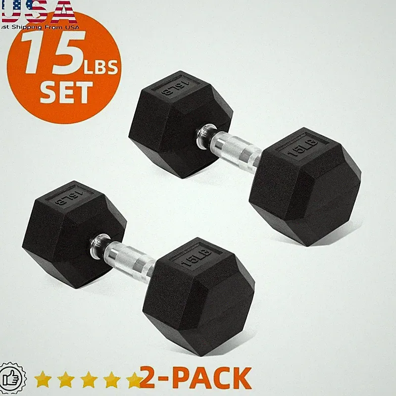 Rubber Encased Hex Dumbbell 15 lb Durable Non-Slip Grip Home Gym Fitness Trainer