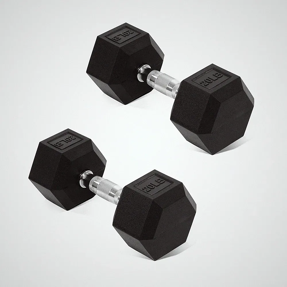 Rubber Encased Hex Dumbbell 20 LB Pair Anti Slip Cast Iron Black Fitvids Hand