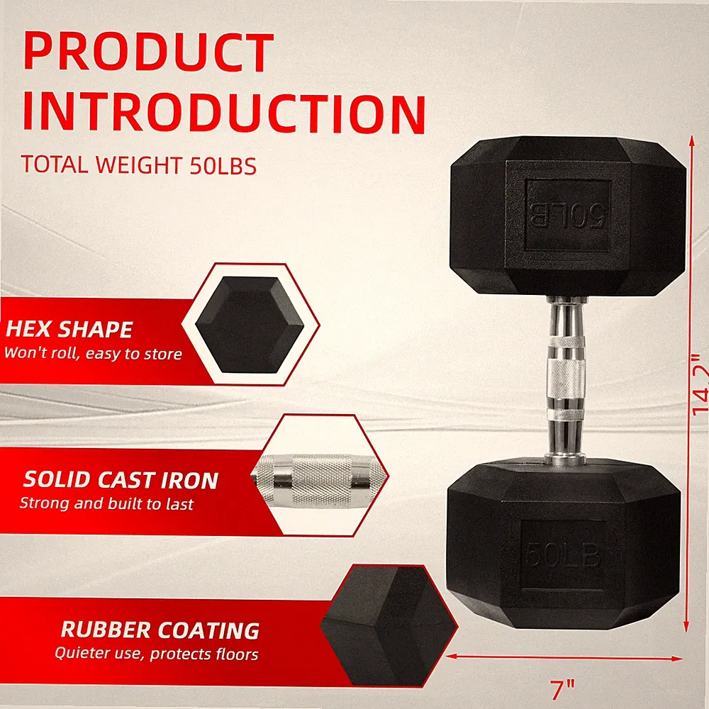 Rubber Encased Hex Dumbbell, 50Lbs, Single