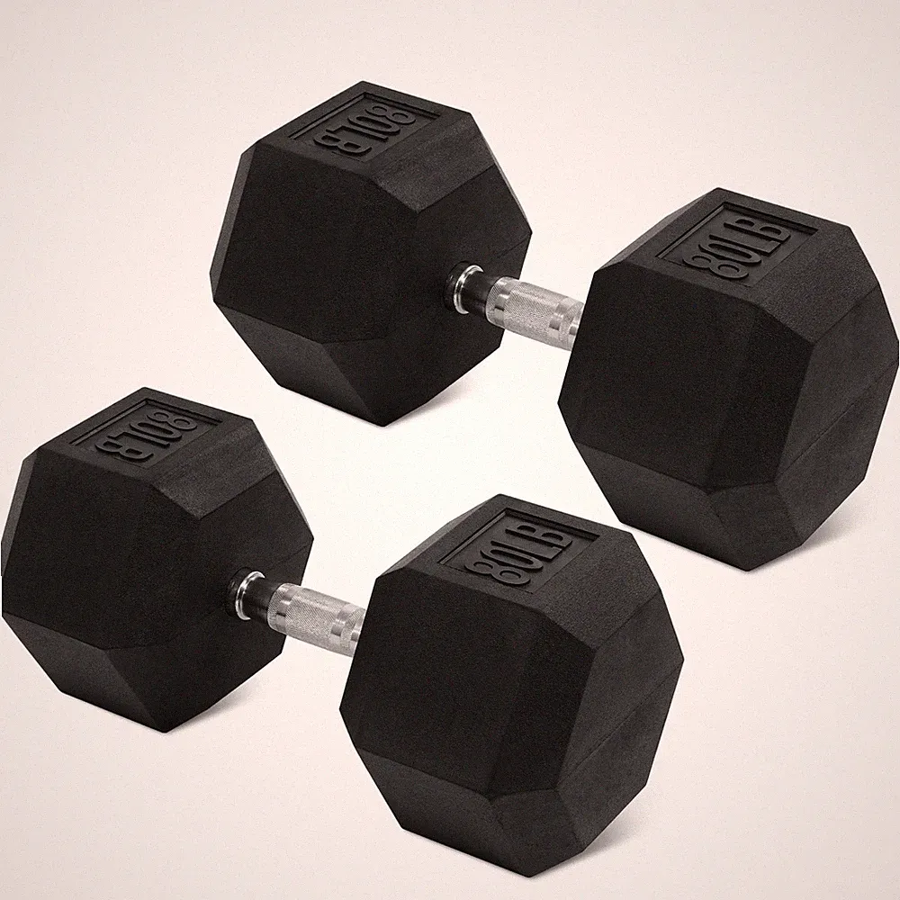 Rubber Encased Hex Dumbbell, 80 Lbs, Single, Black