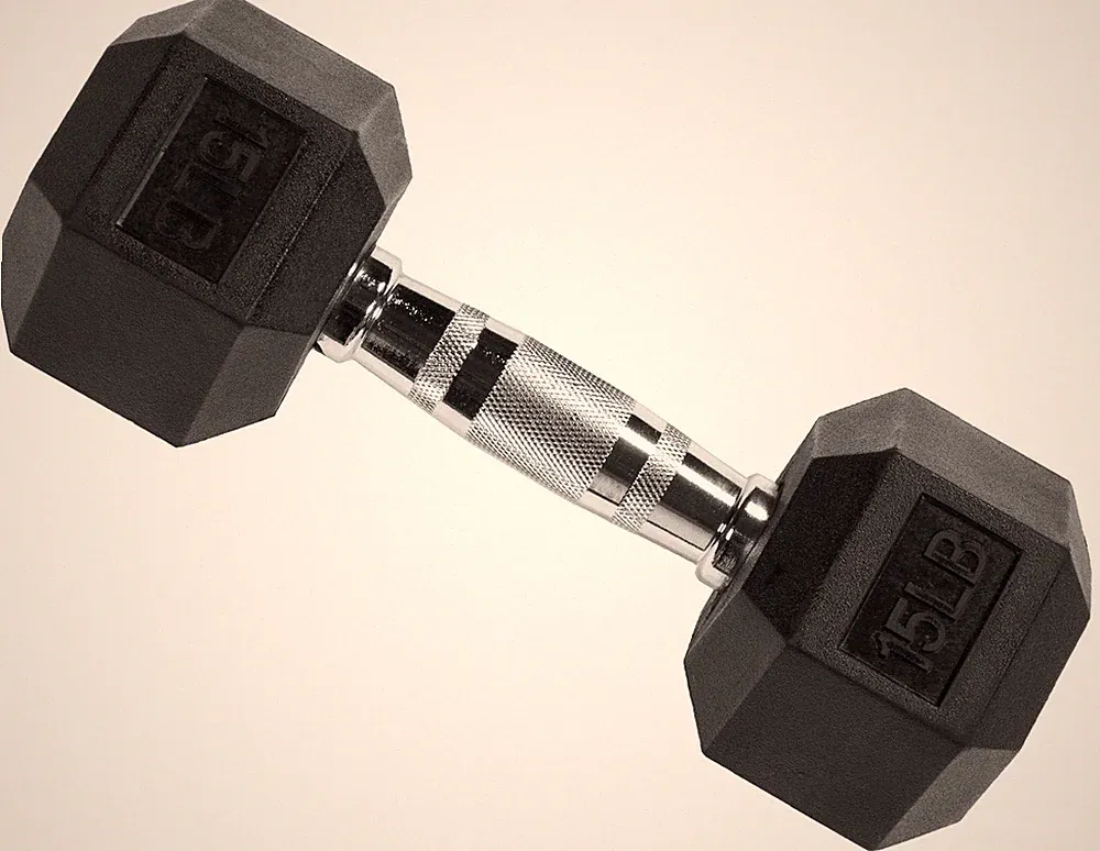 Rubber Encased Hex Dumbbell, Black, 15 Lb