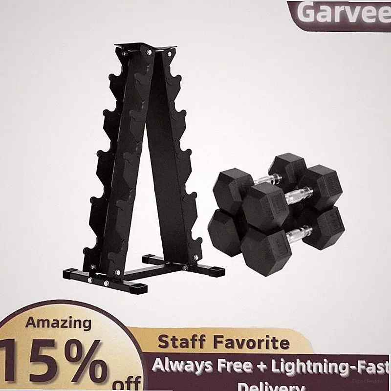 Rubber Encased Hex Dumbbell Set 100 Lb with 5-Tier Rack 20 & 30 Lbs Pairs