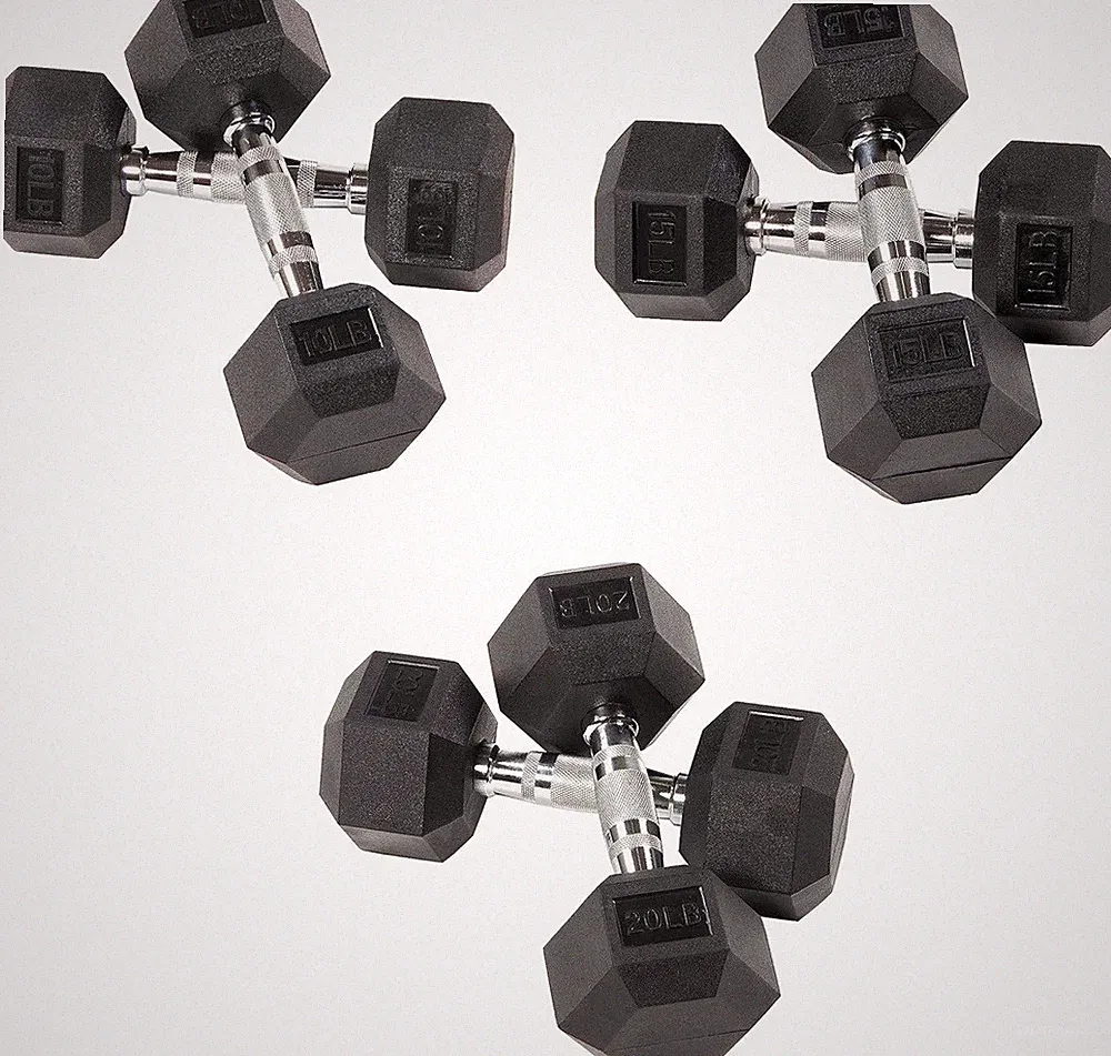 Rubber Encased Hex Dumbbell, Set Including 10, 15, 20LB Pairs