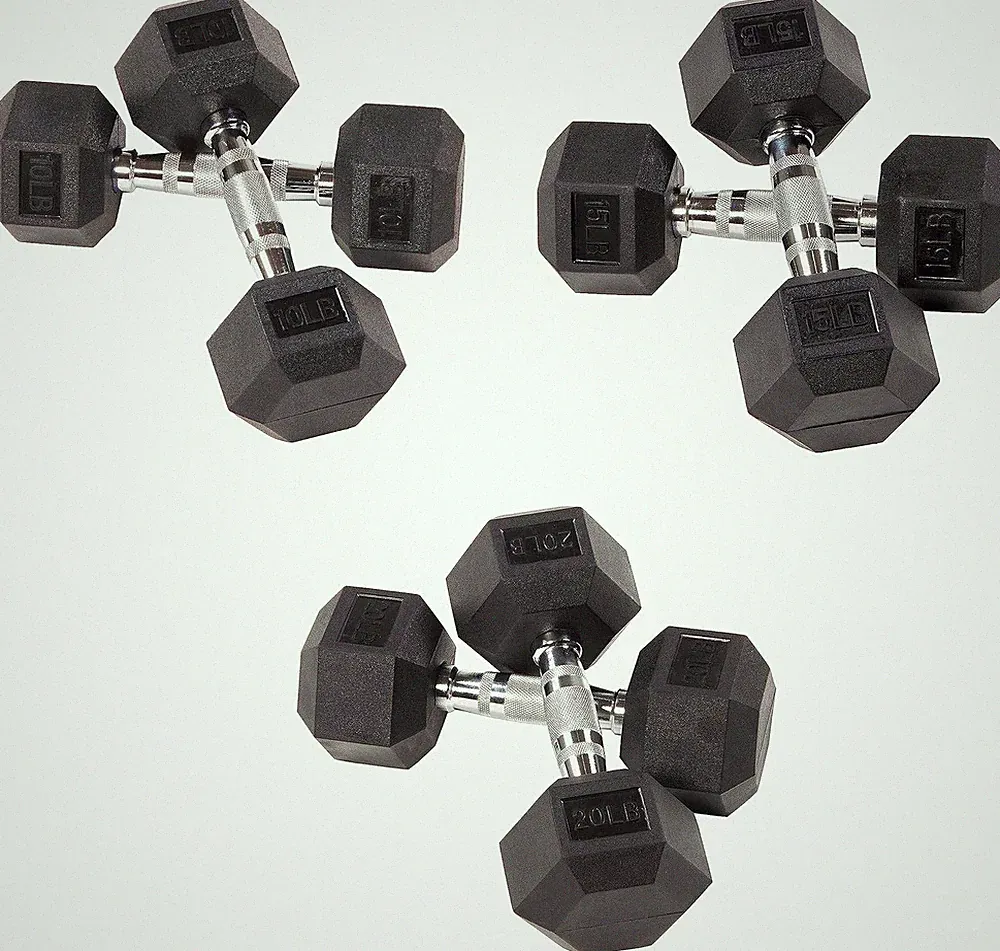 Rubber Encased Hex Dumbbell, Set Including 10, 15, 20LB Pairs