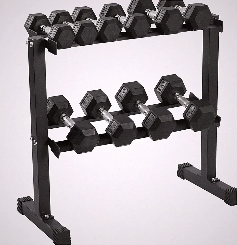 Rubber Encased Hex Dumbbell Set with Rack - 5 to 25 lbs for Strength Training