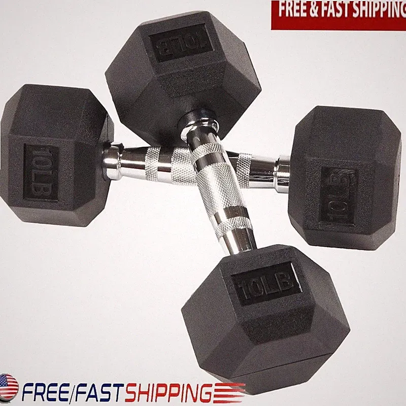 Rubber Encased Hex Dumbbells 10 lbs Pair Non-Slip Grip Home Gym Weights New