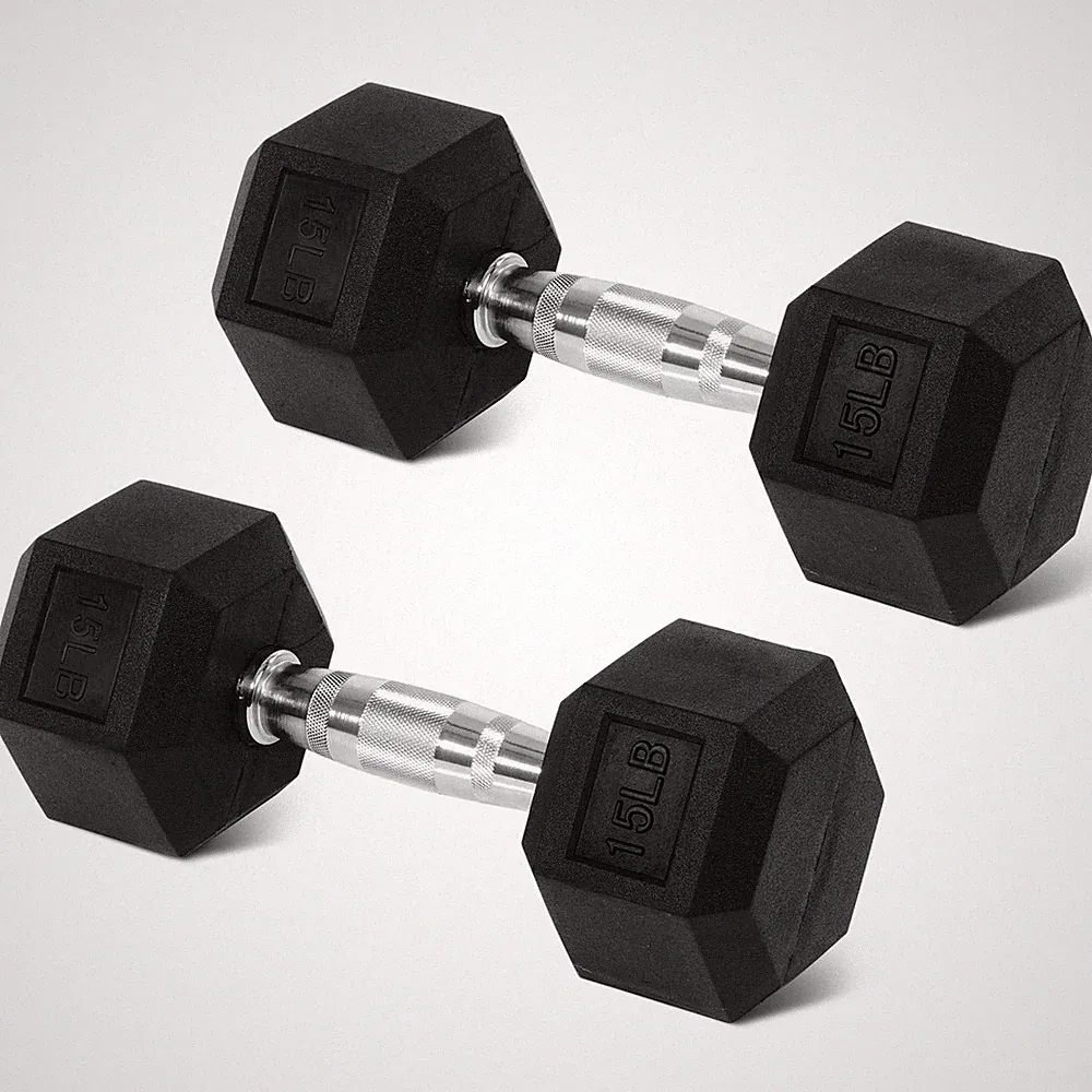 Rubber Encased Hex Dumbbells, 15 lbs Pair, Black