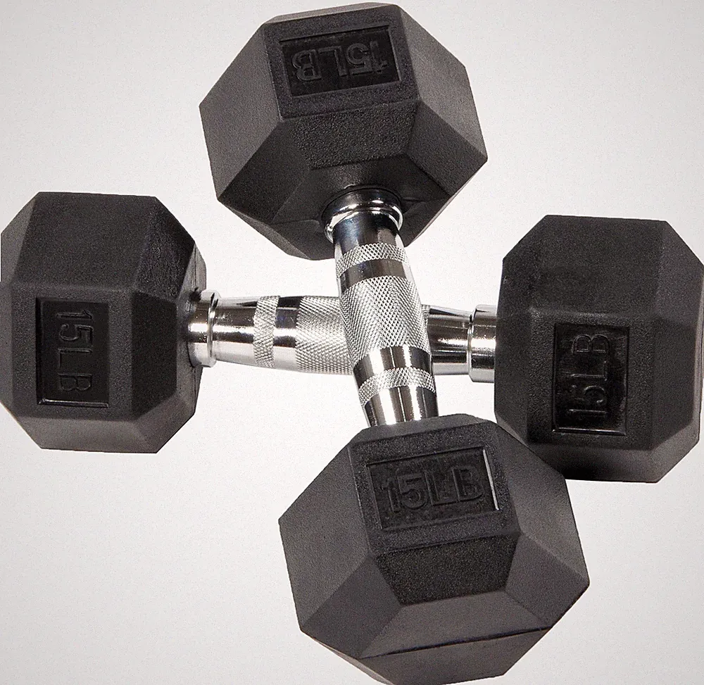 Rubber Encased Hex Dumbbells, 15 lbs Pair, Black