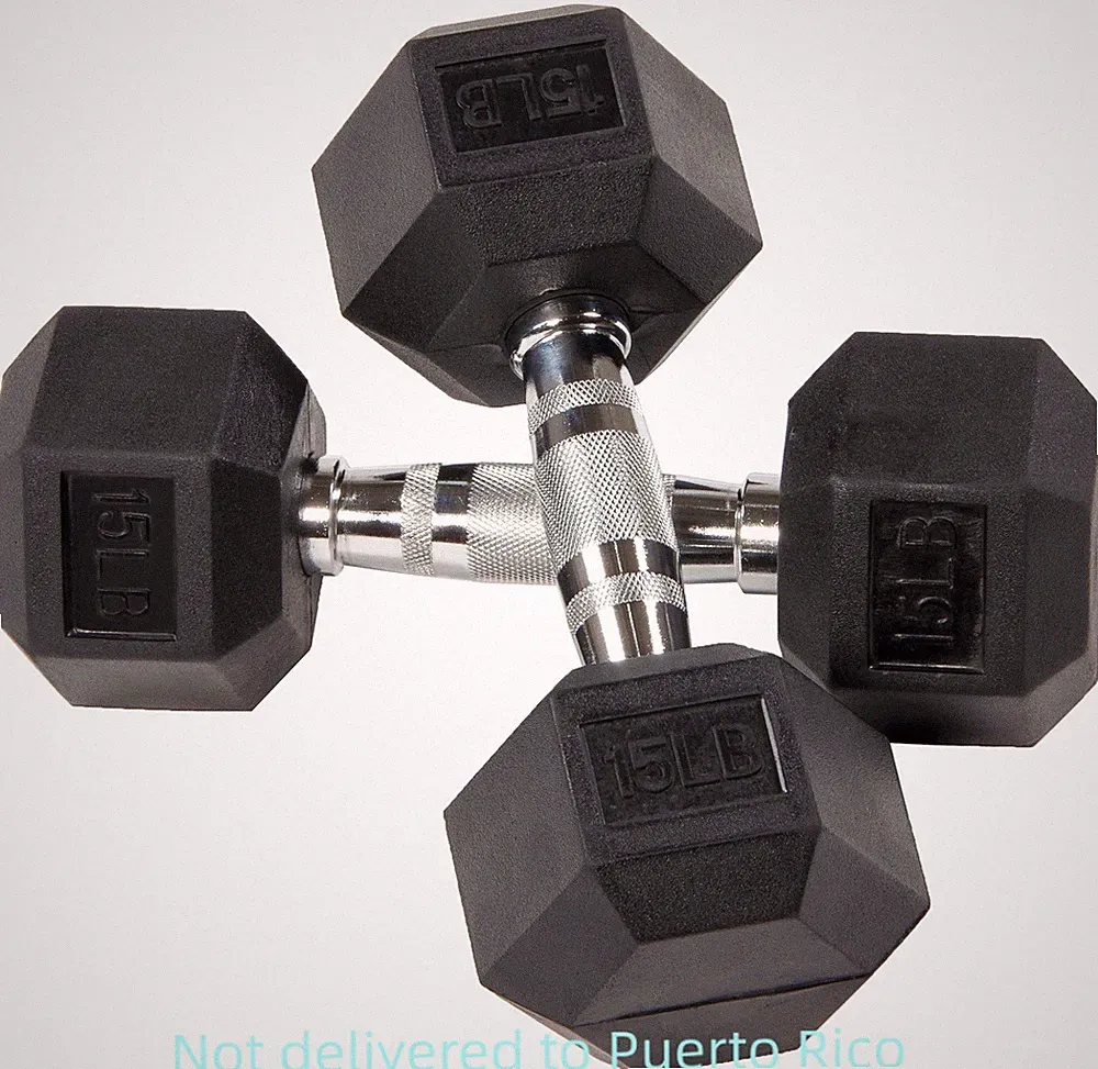 Rubber Encased Hex Dumbbells – 15 lbs Pair, Black for Home Fitness