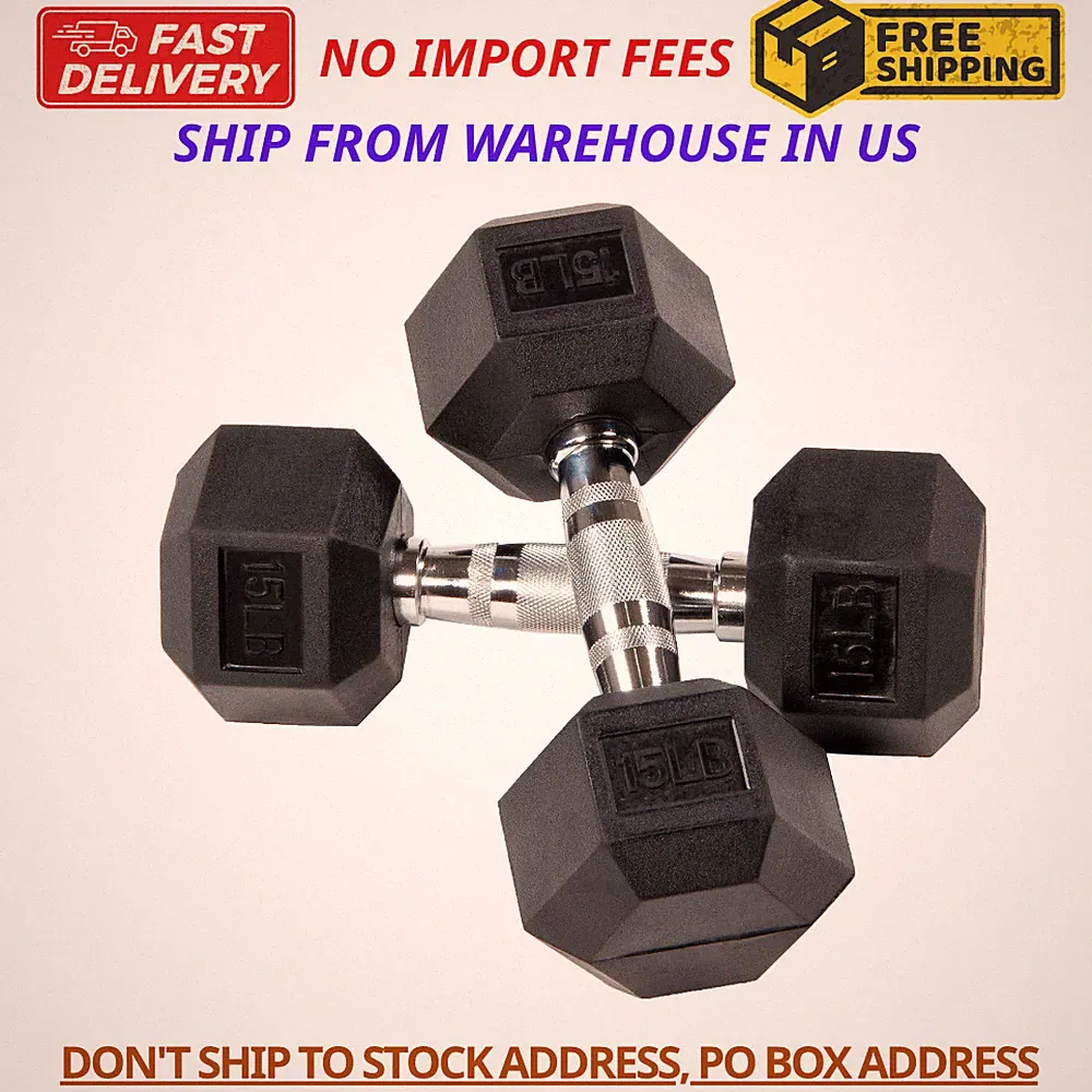 Rubber Encased Hex Dumbbells, 15 lbs Pair, Black Home fitness strength training