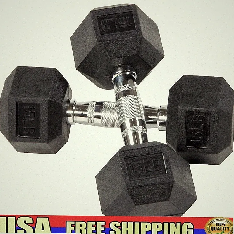 Rubber Encased Hex Dumbbells 15lbs Pair Non-Slip Grip Home Gym Fitness Training