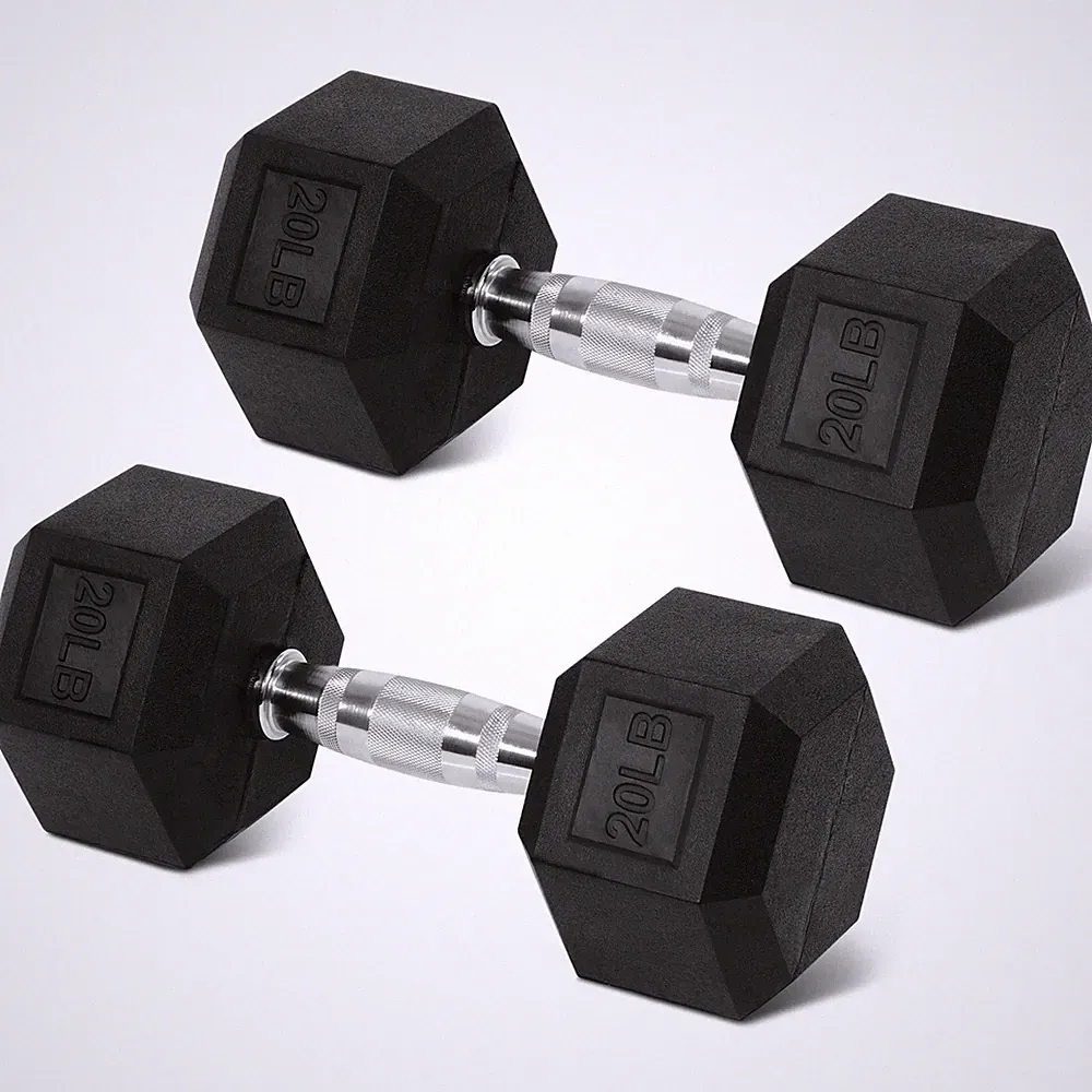 Rubber Encased Hex Dumbbells, 20 lbs Pair, Black