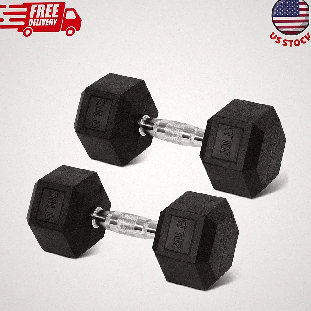 Rubber Encased Hex Dumbbells 20 lbs Pair Black Set