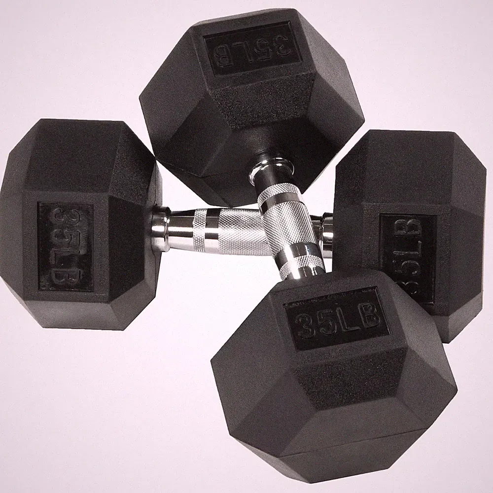 Rubber Encased Hex Dumbbells, 35 lbs Pair, Black