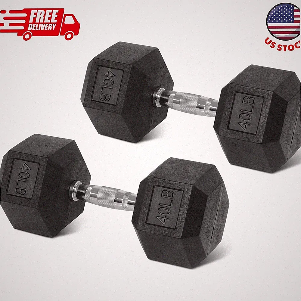 Rubber Encased Hex Dumbbells, 40 lbs Pair, Black