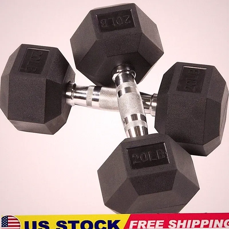Rubber Encased Hex Dumbbells Pair 20 Lbs Adjustable Weights Home Gym Fitness New