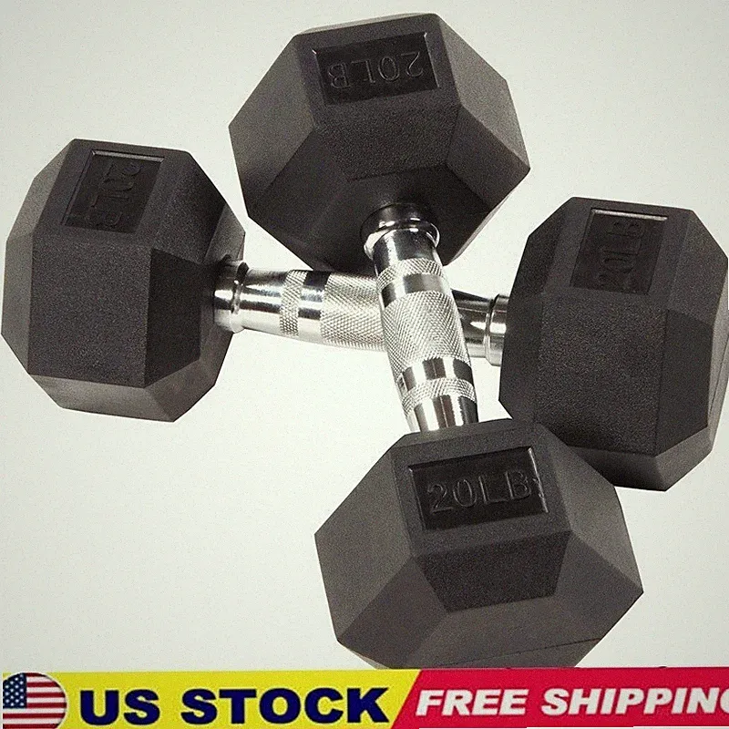 Rubber Encased Hex Dumbbells Pair 20 Lbs Adjustable Weights Home Gym Fitness New