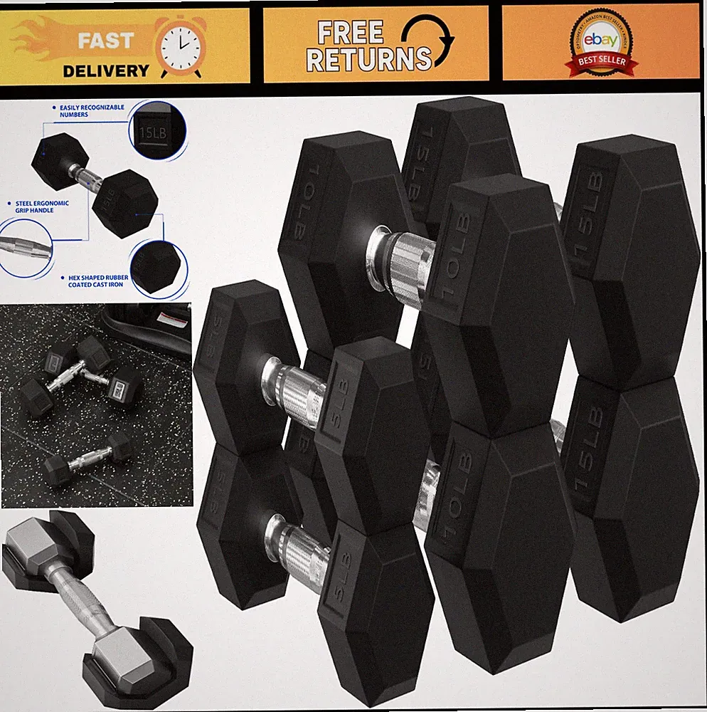 Rubber Encased Hex Dumbbells Set with Rack - 10, 15, 20 LB Pairs for Home Gym
