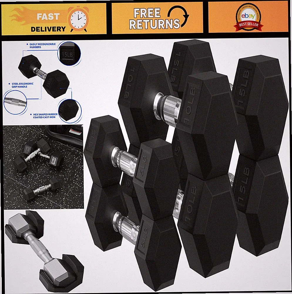 Rubber Encased Hex Dumbbells with Rack - 10, 15, 20LB Pairs for Home Gym Fitness