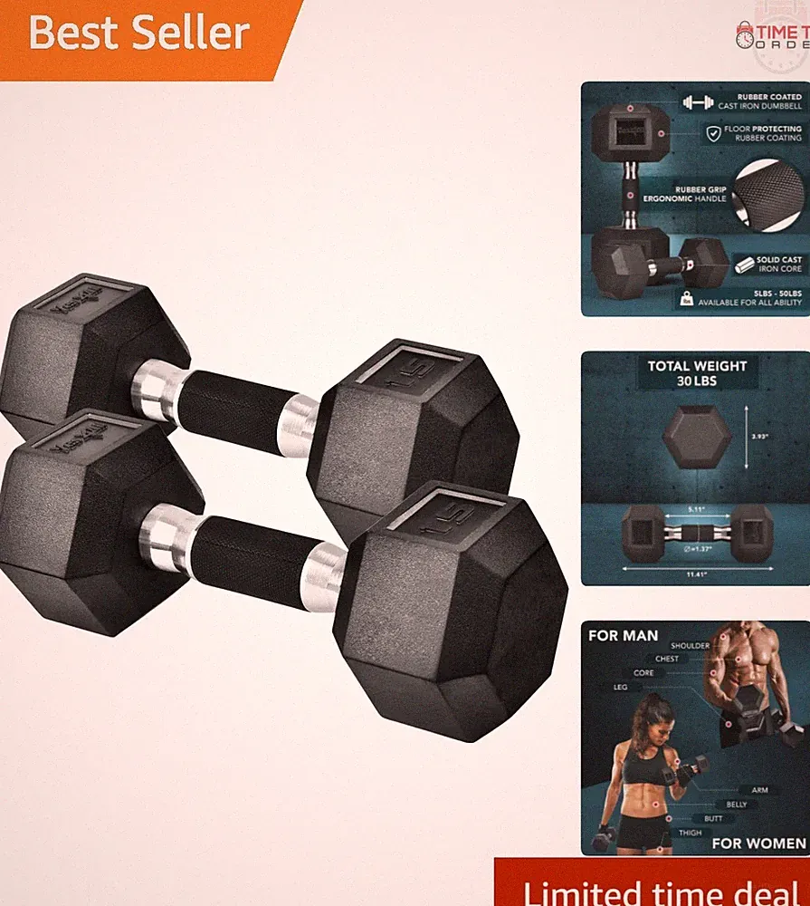 Rubber Grip Hex Dumbbells 5-50 lbs Pair No-Roll Anti-Slip for Fitness & Gym