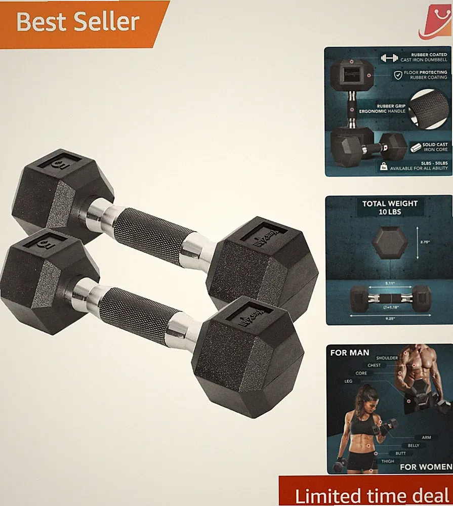 Rubber Grip Hex Dumbbells Set 10-30 lbs Non-Slip Rust Resistant Pair