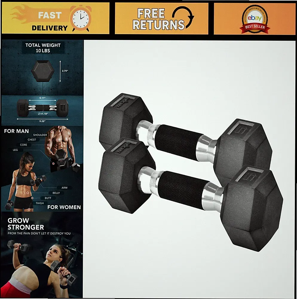 Rubber Grip Hex Dumbbells Set - Anti-Slip Hand Weights 5-50 LBS for Home Gym