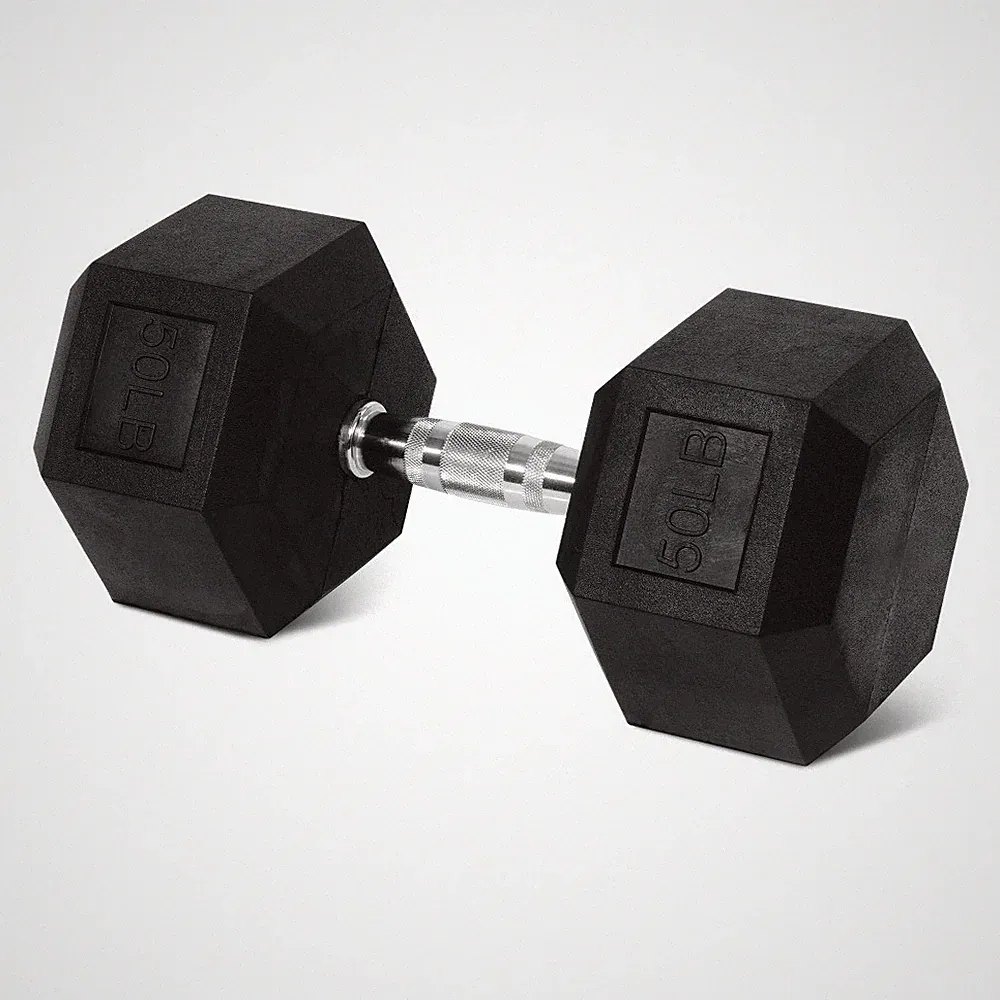 Rubber Hex Dumbbell 50 lbs Single Free Weight Strength Training Fitness