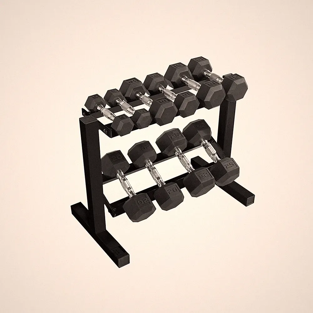 Rubber Hex Dumbbell Set 150 LB 2 Tier Rack Chrome Handle Black CAP Home