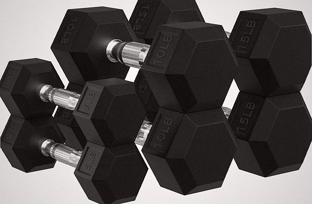 Rubber Hex Dumbbell Set 5 10 15 LB Pairs 60 Pounds Home Gym Weights Black
