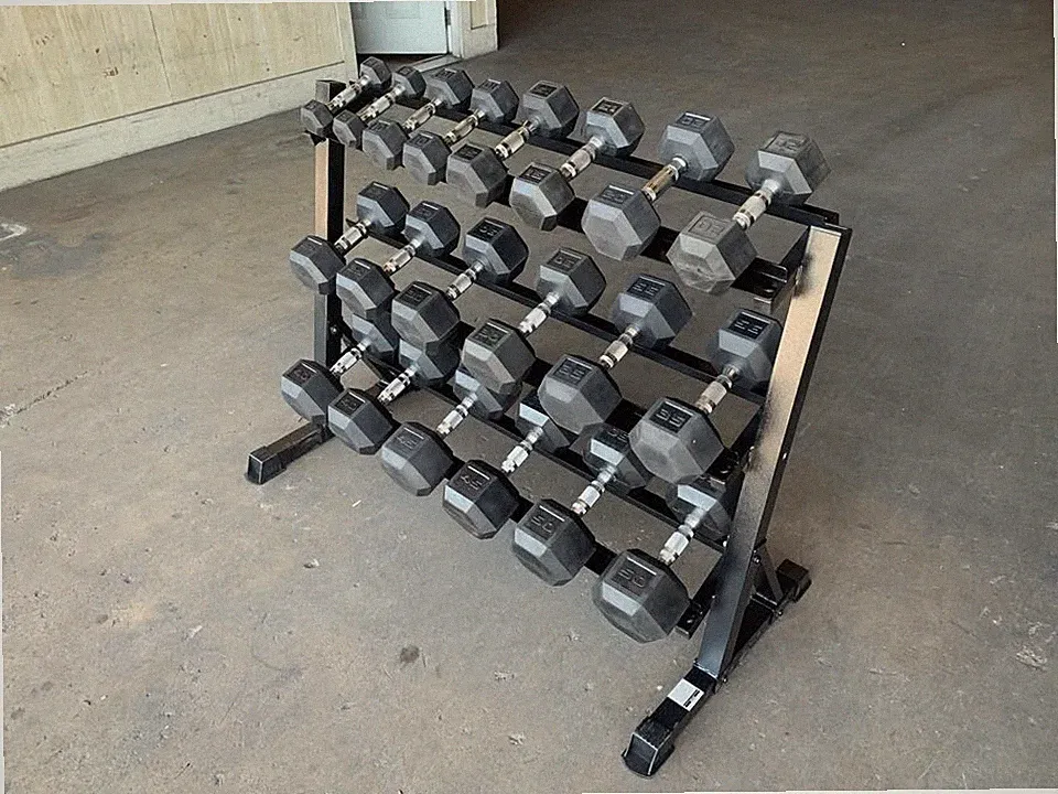 Rubber Hex Dumbbell Set 5-50 LB with Rack | 10 Pairs, 550 lbs, Free Shipping