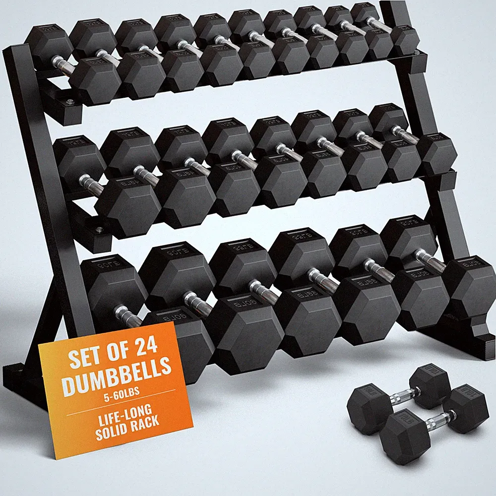 Rubber Hex Dumbbell Set with Rack, 12 Pair of 5 - 60 lbs (780 lbs total)