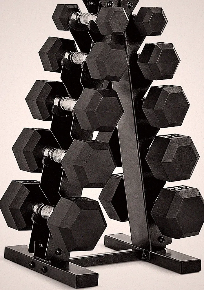 Rubber Hex Dumbbell Set with Rack | 150 LB SET for Home Gym Storage