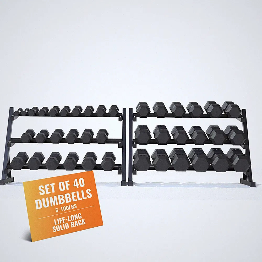 Rubber Hex Dumbbell Set with Rack, 450 LBS - 2100 LBS - FREE SHIPPING