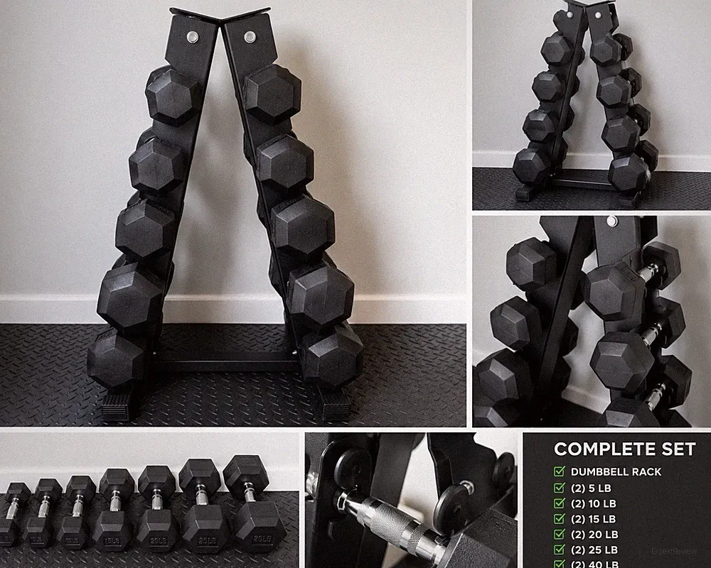 Rubber Hex Dumbbell Set with Rack – 5lb to 40lb – Home Gym Weight Set