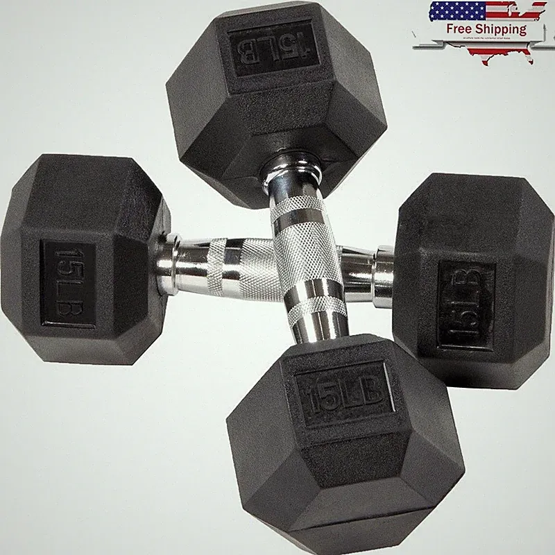 Rubber Hex Dumbbells 15 lbs Pair Non-Slip Grip Strength Training Fitness New