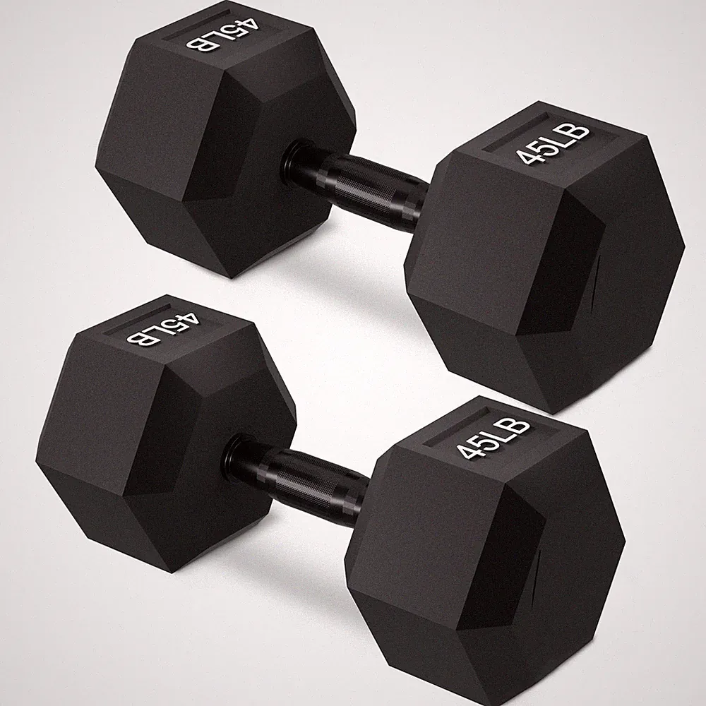 Rubber Hex Dumbbells 45 lbs Pair Cast Iron Anti Slip Black BalanceFrom Encased