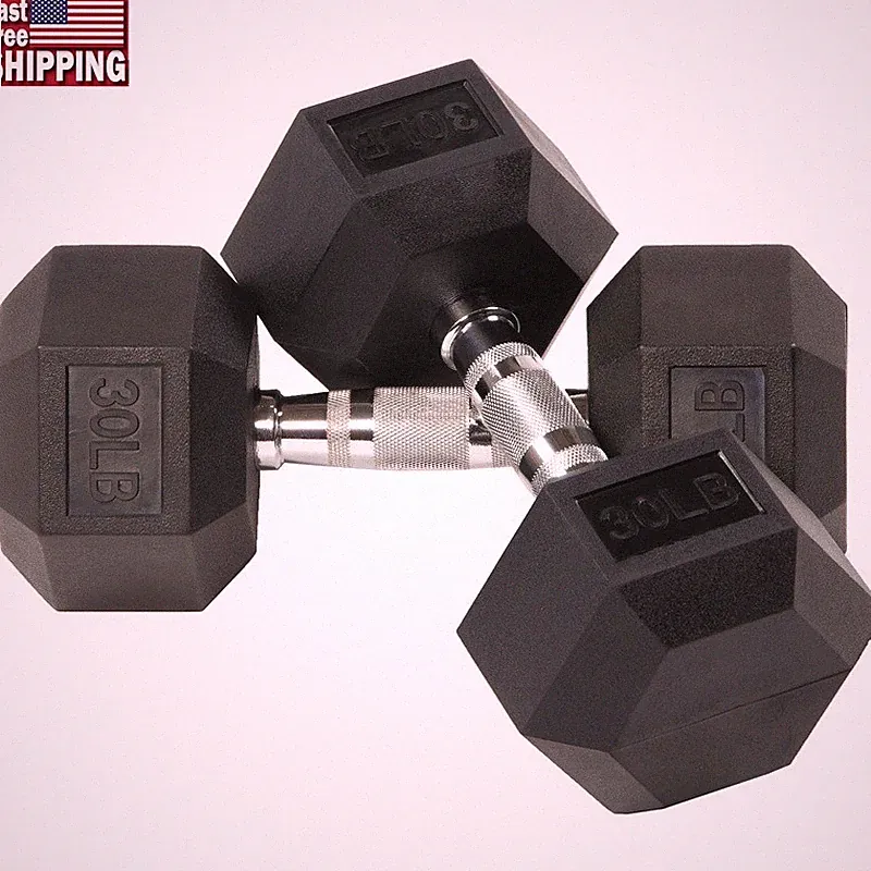 Rubber Hex Dumbbells Pair Non-Slip Grip Knurled Handle Home Gym Weights 5-50 lbs