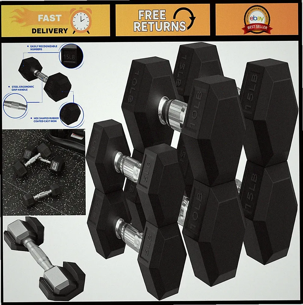 Rubber Hex Dumbbells Set with Rack - 10, 15, 20 LB Pairs for Home Gym Fitness