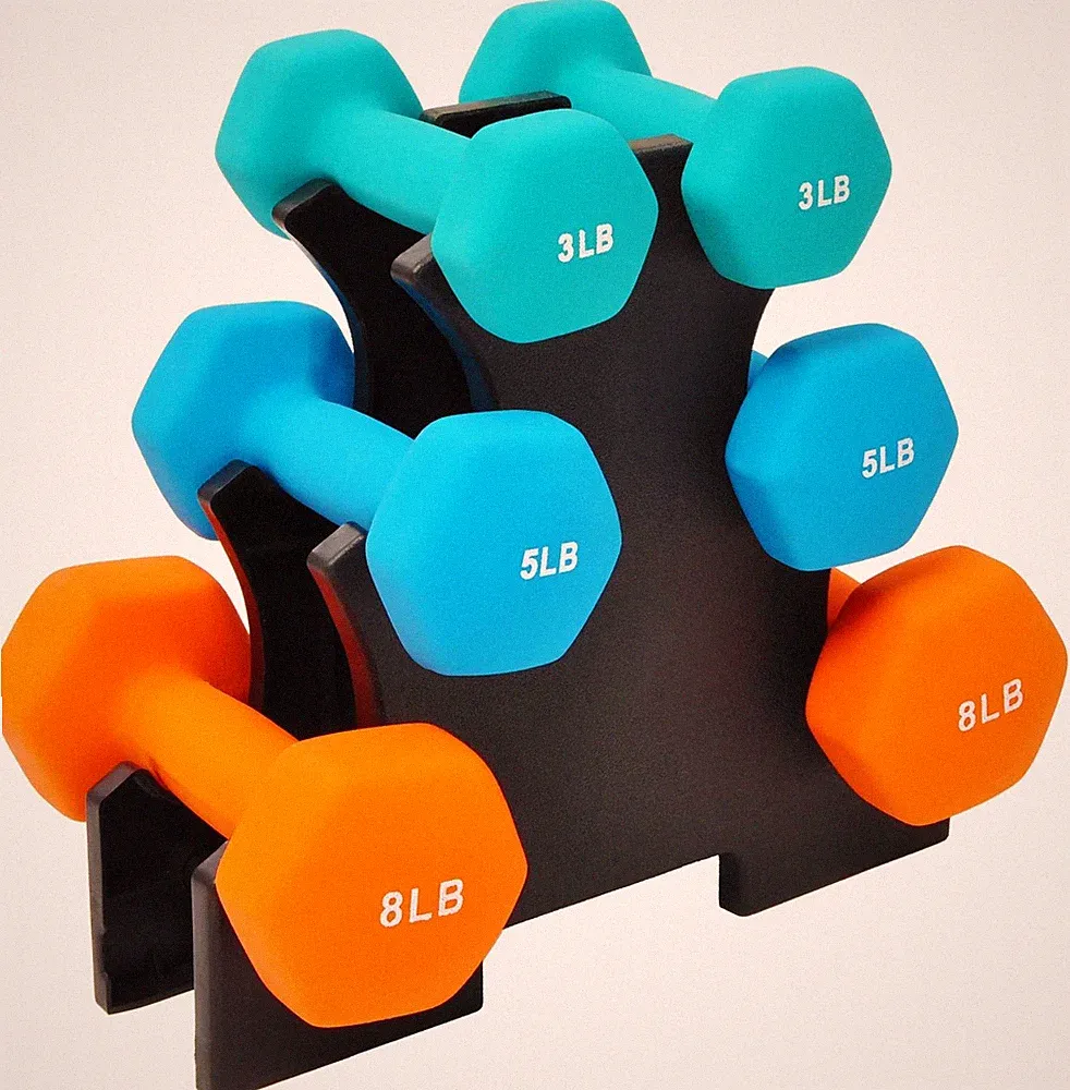 Rubber Neoprene Dumbbell Set With Stand 3lb 5lb 8lb Hand Weights For Home Gym