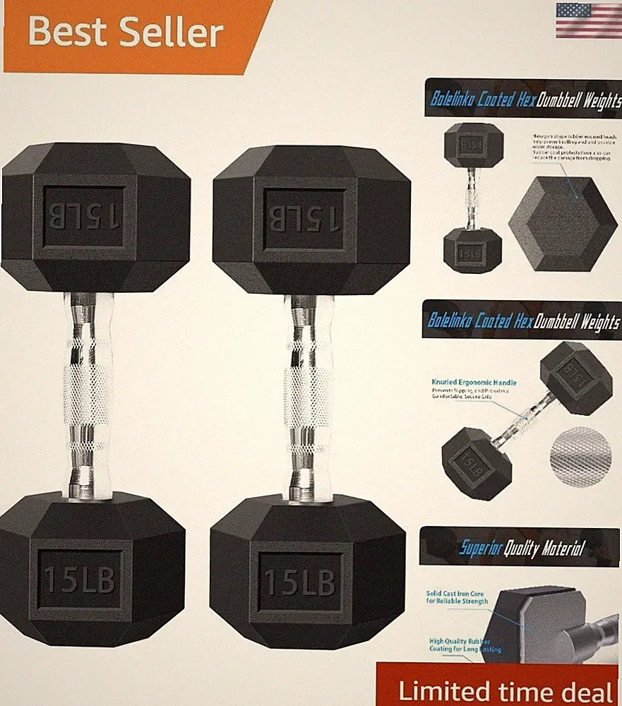 Rust-Resistant 15 LB Black Hex Dumbbells - Ideal for Strength Training