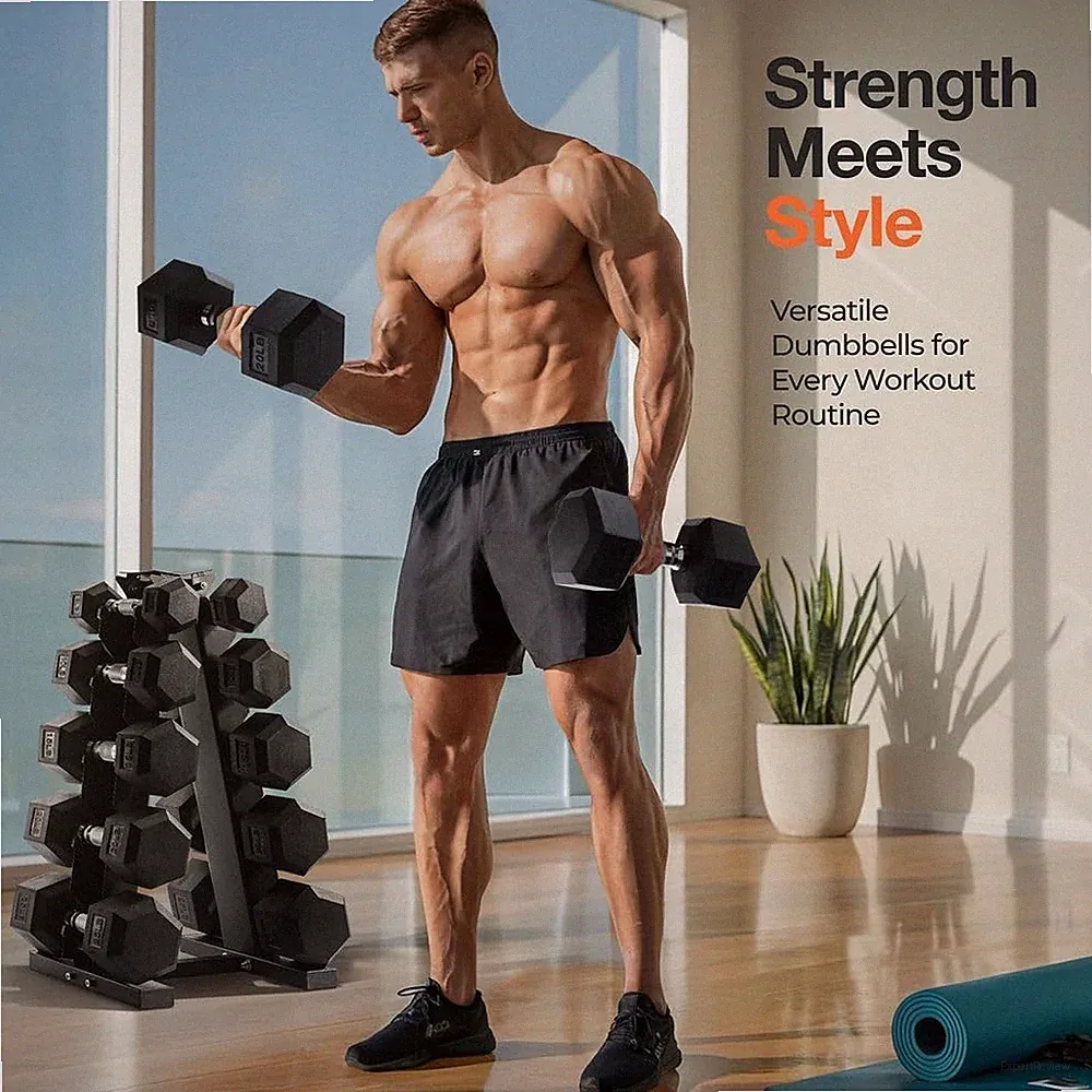 Sagler 150lb Rubber Coated Dumbbell Set with Rack Carbon Strength Training