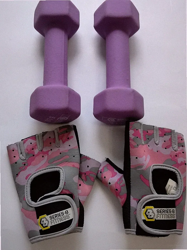Series 8 Fitness Grey Pink Camo Gloves L & 10lb Dumbbell Set Weights 2 x 5lb