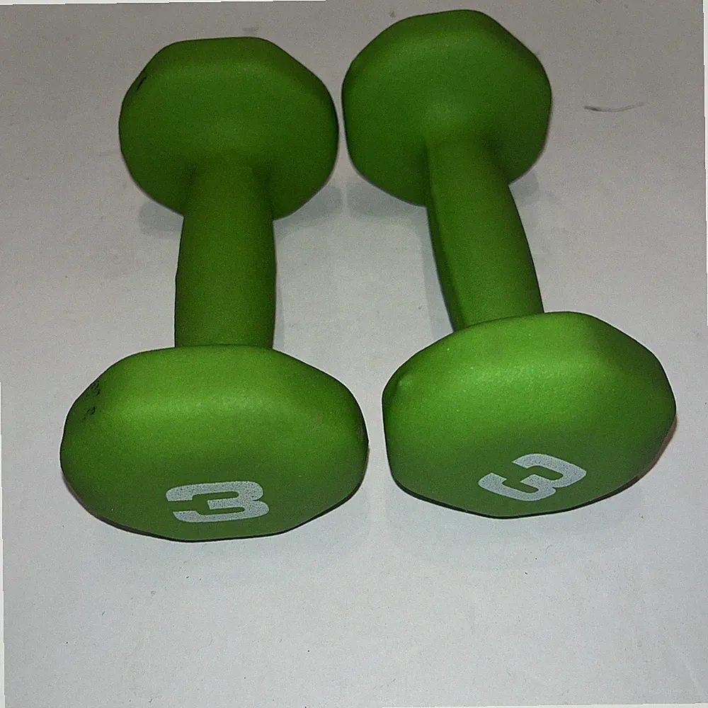 Set Of 2- 3 LB GREEN NEOPRENE DUMBBELLS! hex weights fitness exercise