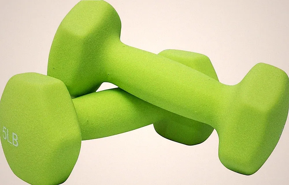 Set of 2 each 5 lb Green Neoprene Coated Dumbbells Pair Hand Weights All-Purp.