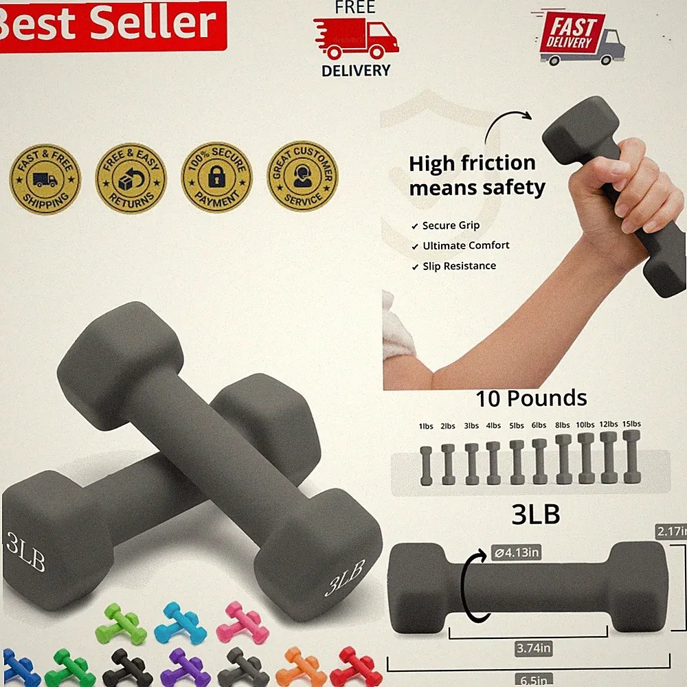 Set of 2 Neoprene Dumbbells (1-15 LB) - Anti-Slip, Hex Shape, Gray Elegance