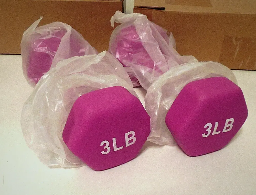 Set of 2 Pink 3 lb Dumbbells; Neoprene Rubber coated, Hex Ends, New Open Box