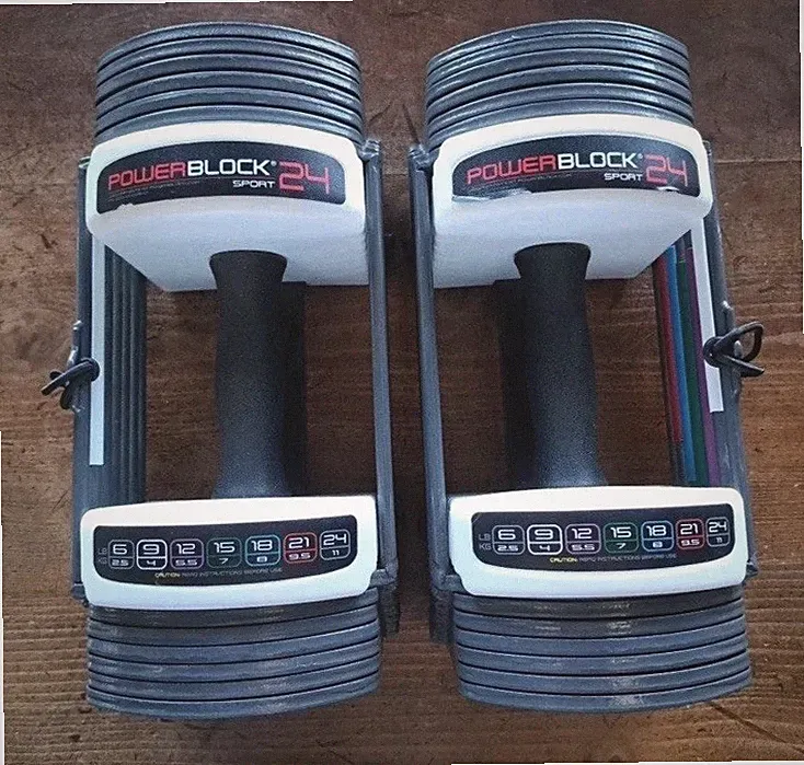 Set Of 2 PowerBlock 24lbs Each Dumbell Set Adjustable Quick Stacking Of Sets.